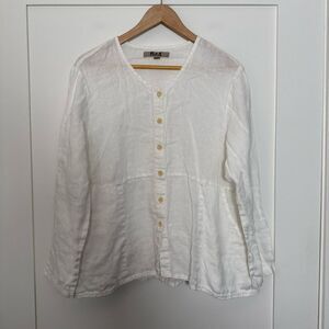 Flax Top Blouse Womens Sz M White 100% Linen Long Sleeve Beach Vacation Coastal